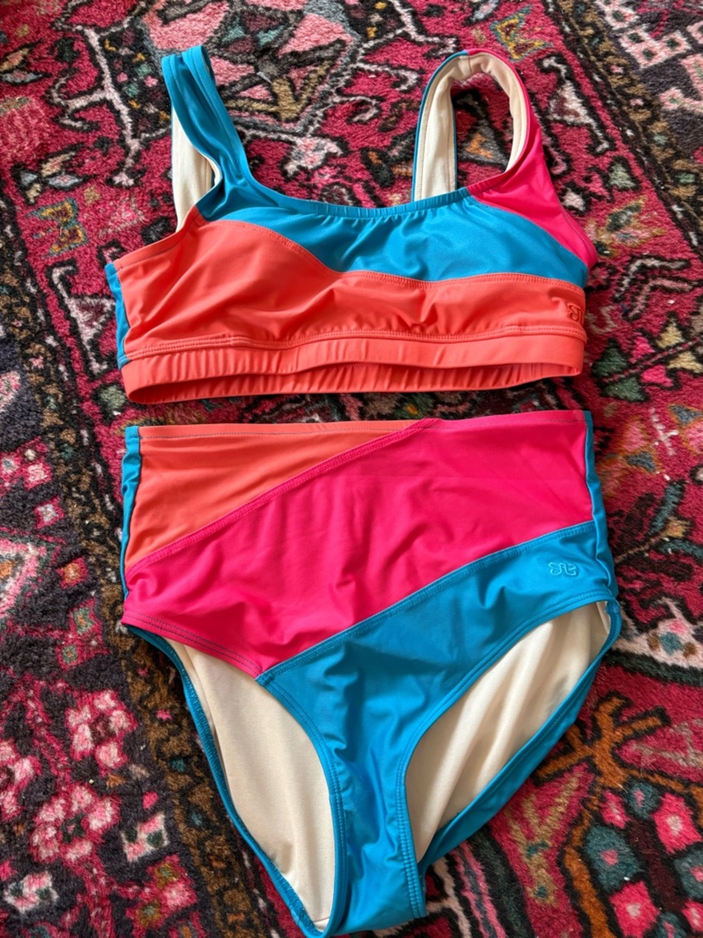 Albion fit pipeline bikini  High-Waist Bikini Set in Teal and Coral size small